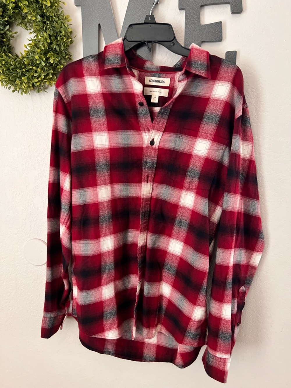 Goodthreads Red, Black & White Plaid Long-Sleeve Button-Down Shirt